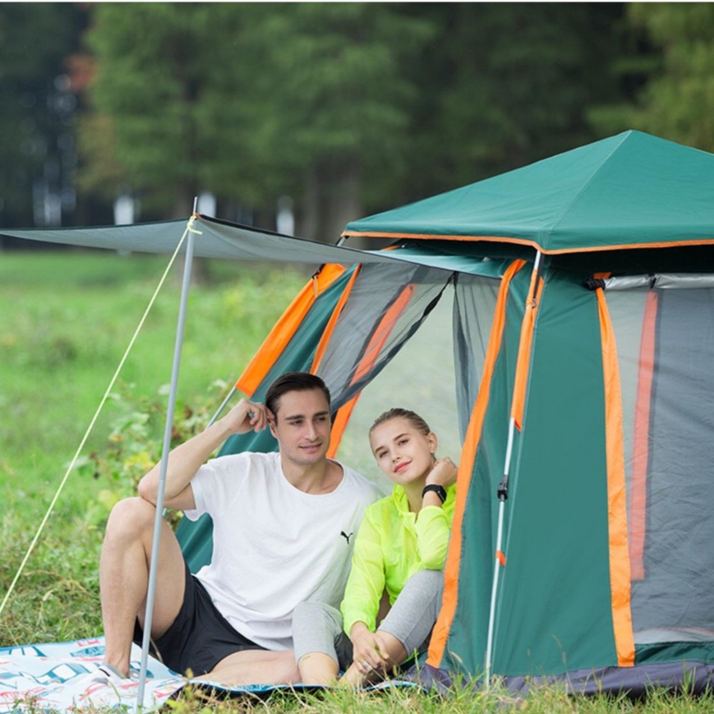 Instant Pop Up Tent For Hiking 2/3/4 Person Camping Tents, Waterproof Windproof Family Tent With Top Rainfly, Easy Set Up, Portable With Carry Bag, With UV Protection / GREEN-ORANGE