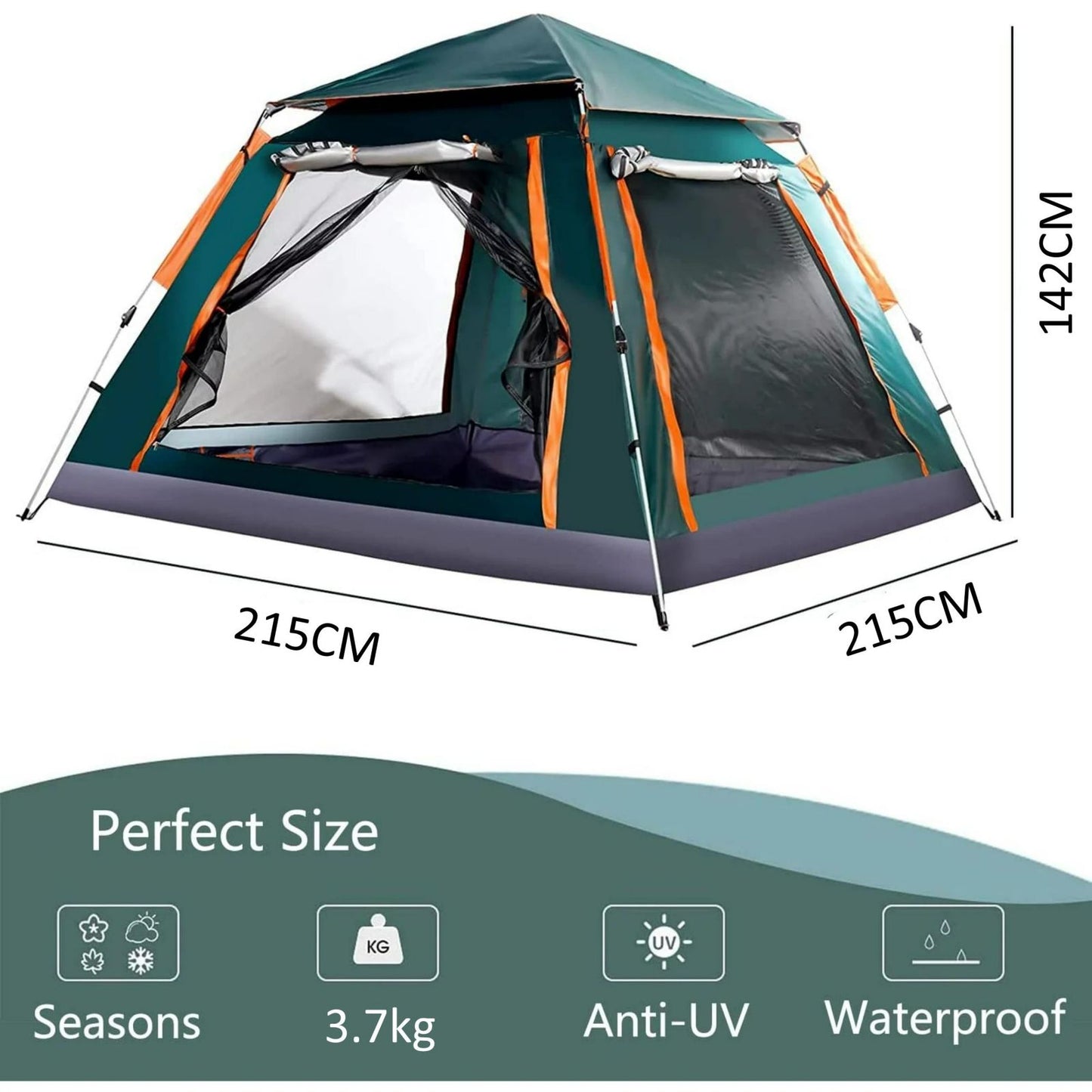 Instant Pop Up Tent For Hiking 2/3/4 Person Camping Tents, Waterproof Windproof Family Tent With Top Rainfly, Easy Set Up, Portable With Carry Bag, With UV Protection / GREEN-ORANGE