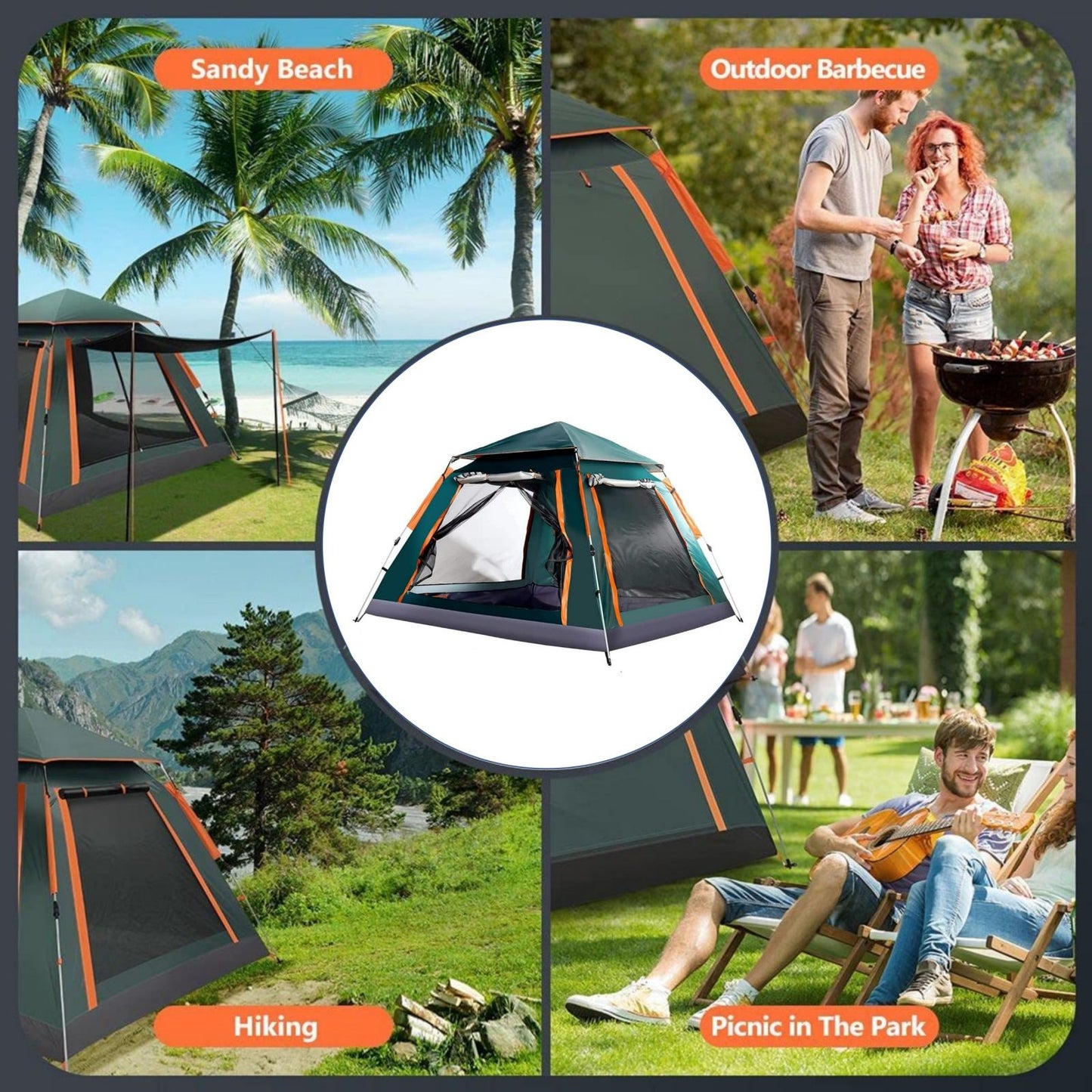 Instant Pop Up Tent For Hiking 2/3/4 Person Camping Tents, Waterproof Windproof Family Tent With Top Rainfly, Easy Set Up, Portable With Carry Bag, With UV Protection / GREEN-ORANGE
